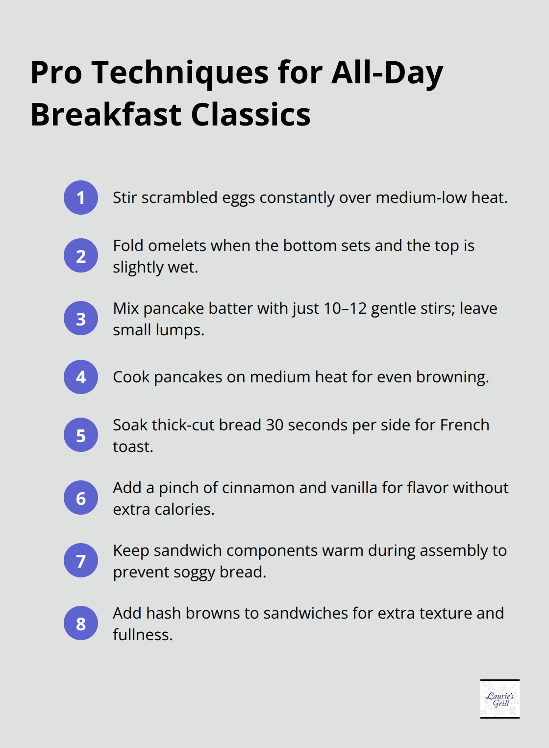 Compact list of essential techniques for eggs, pancakes, French toast, and sandwiches. - all day breakfast recipes