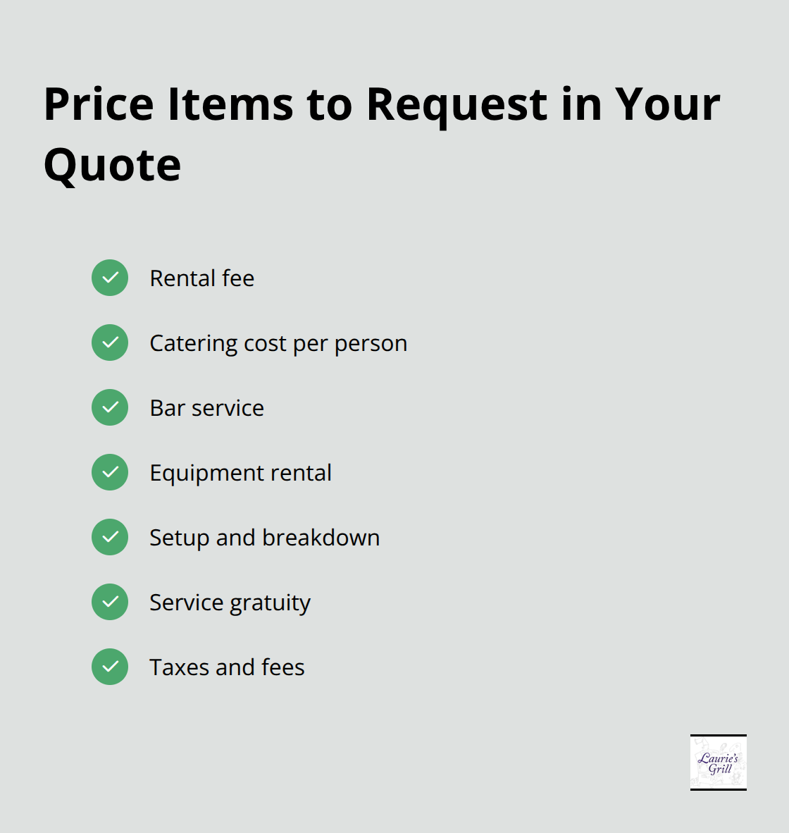 Checklist of banquet venue pricing components to itemize