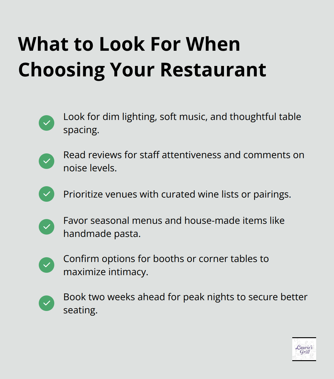 Checklist of romance-focused dining cues to evaluate before booking.
