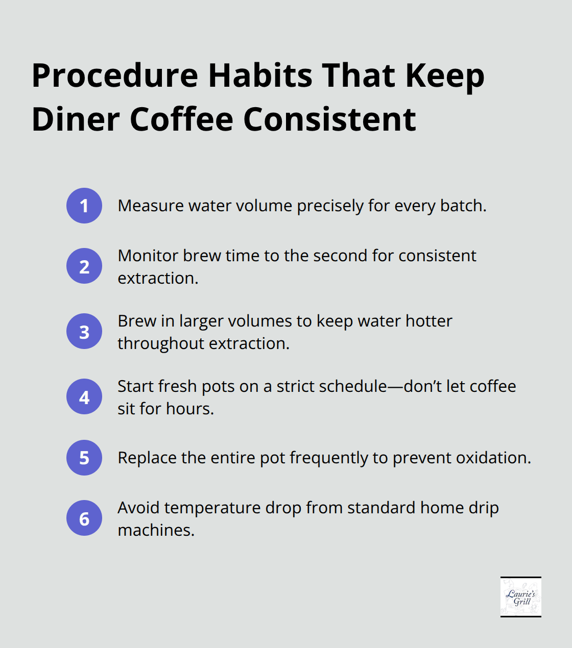 Compact list of repeatable diner brewing procedures that improve consistency and freshness.