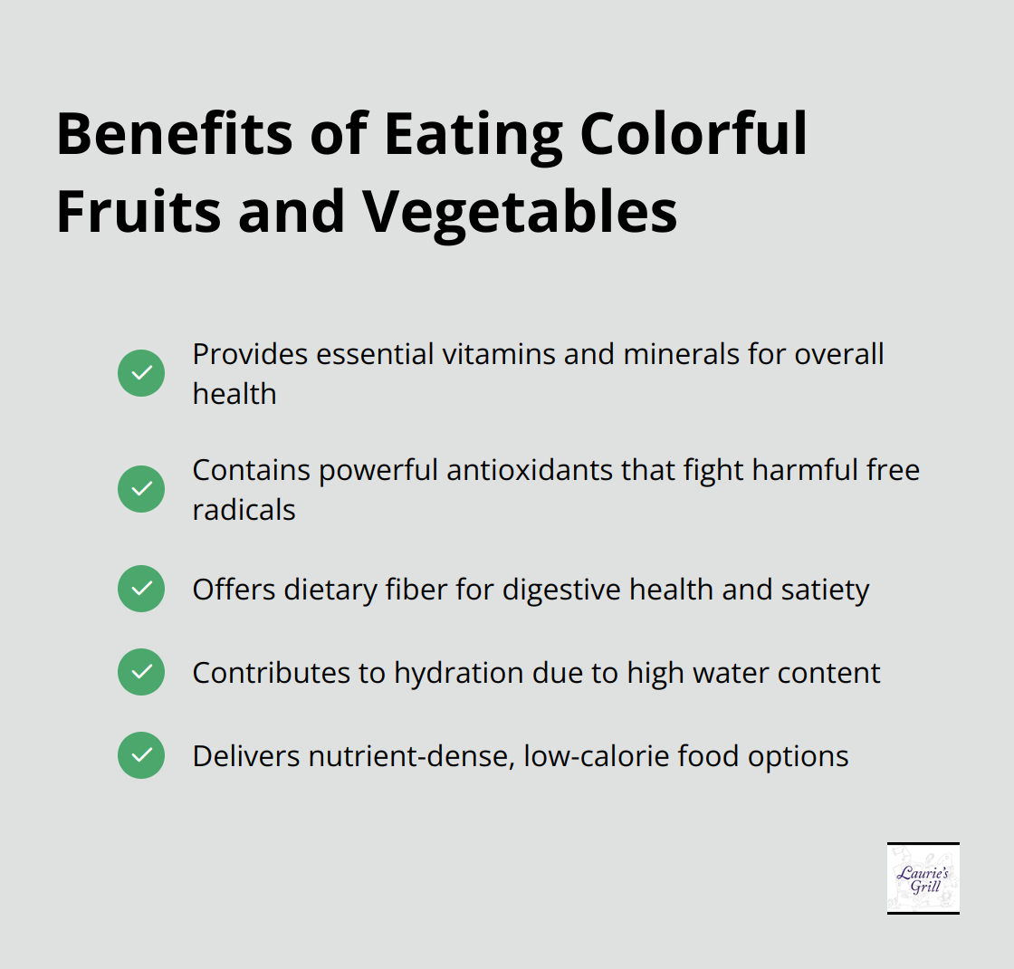 Checkmark list of benefits from consuming a variety of colorful fruits and vegetables, including essential vitamins and minerals, antioxidants, fiber, hydration, and low-calorie nutrition.