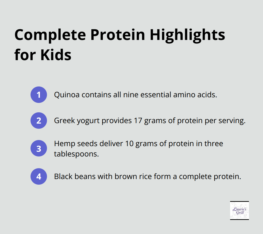 Quick facts on kid-friendly complete protein options and protein amounts - family friendly meatless meals