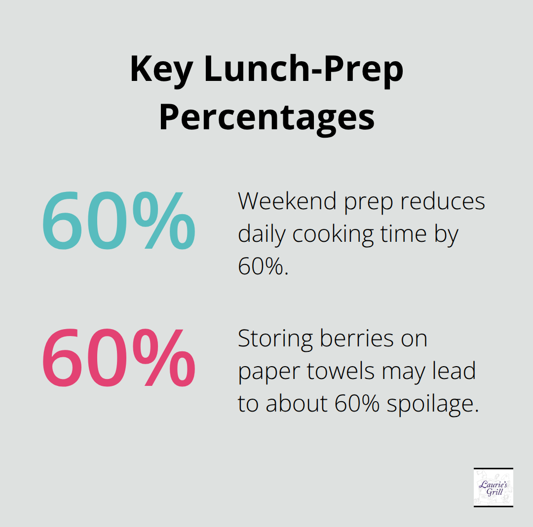 Two percentage statistics on lunch prep time savings and berry spoilage risk - family lunch meals