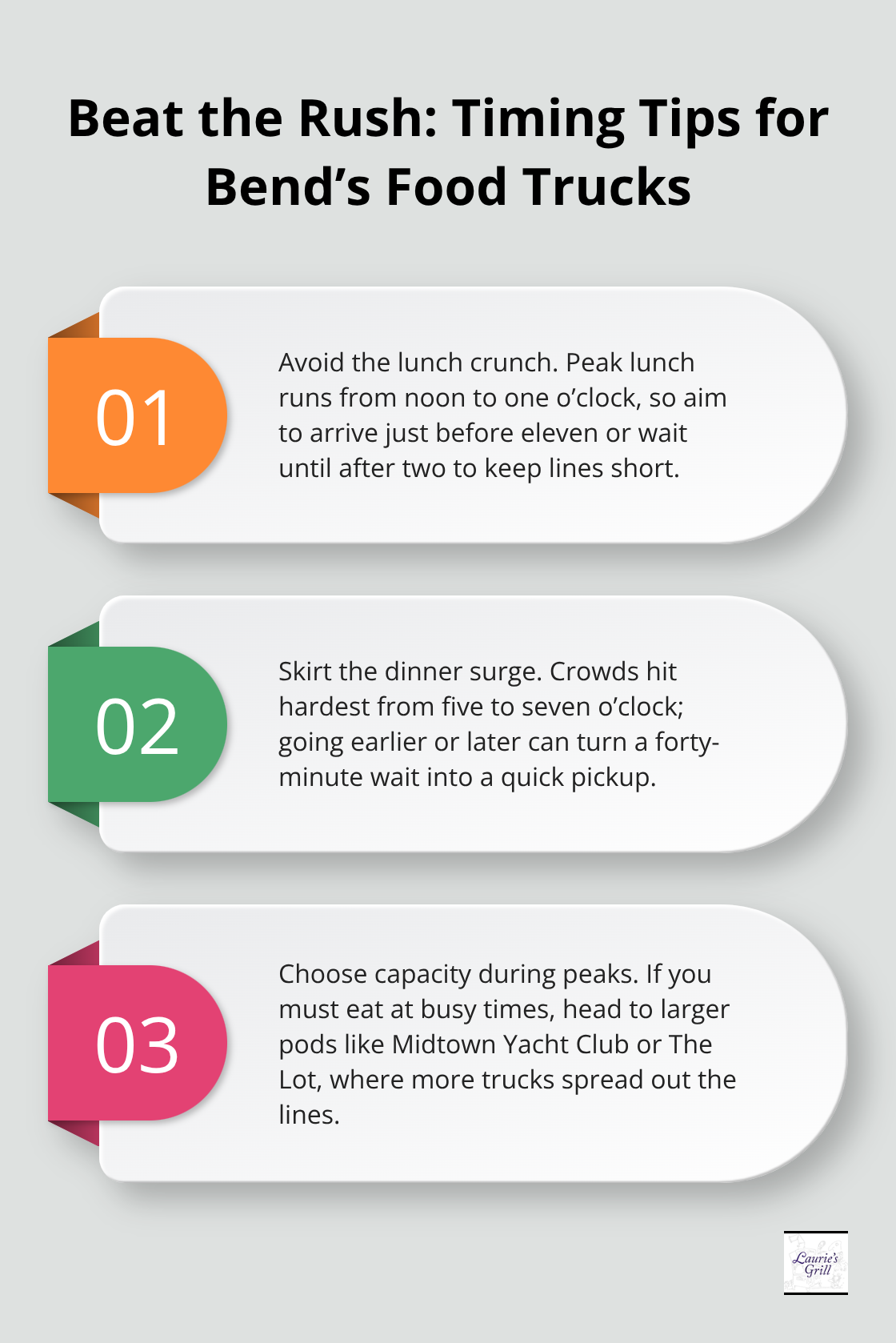 Three-step guide to avoid peak lines at Bend’s food truck pods.