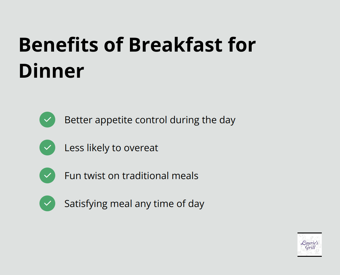 A checkmark list chart showing four benefits of eating breakfast for dinner: better appetite control, less overeating, fun twist on traditional meals, and satisfying meal any time of day.
