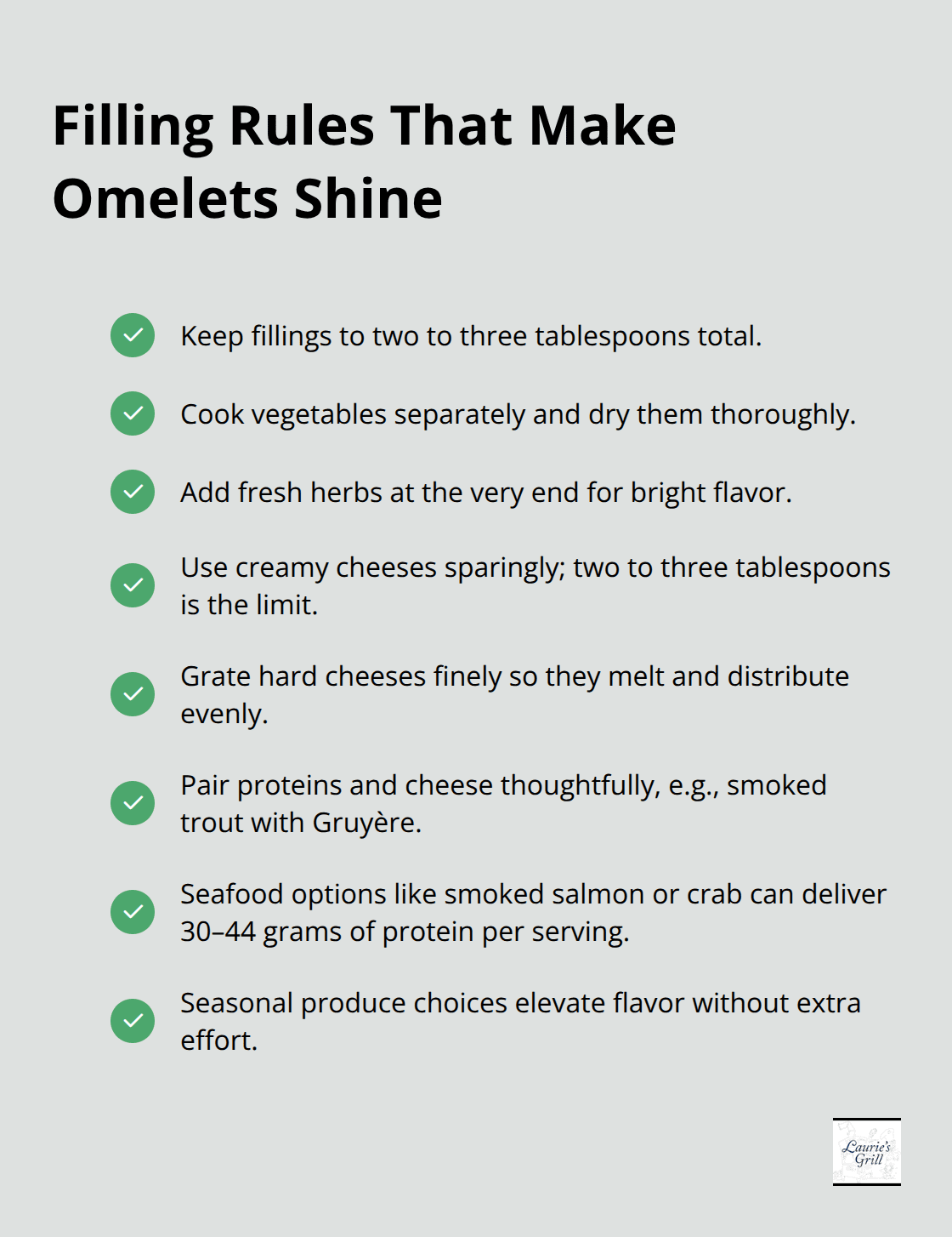 Checklist of filling best practices for moisture control, portioning, and pairing. - omelet variations