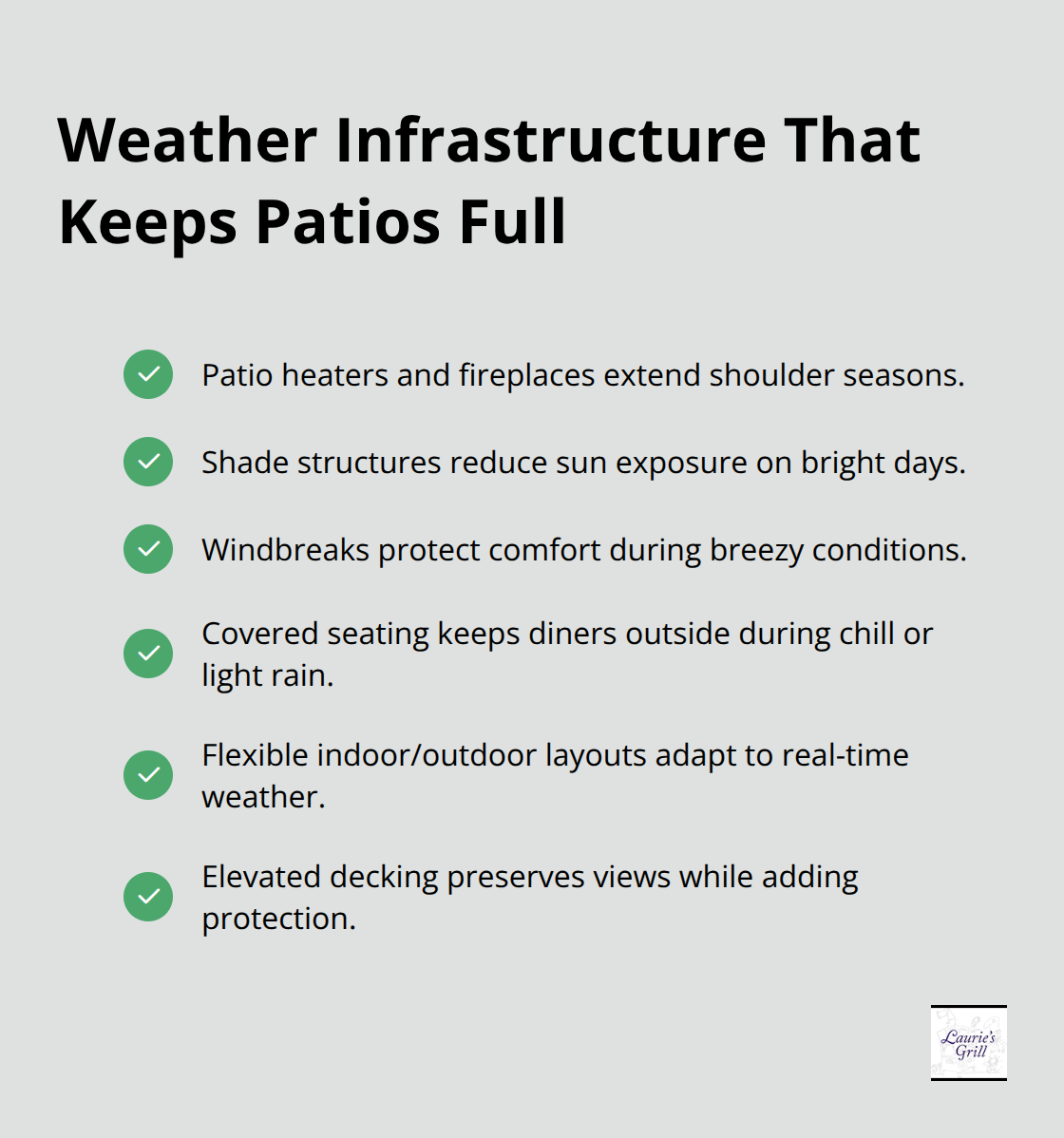 Checklist of patio infrastructure that sustains year-round outdoor dining in Bend.