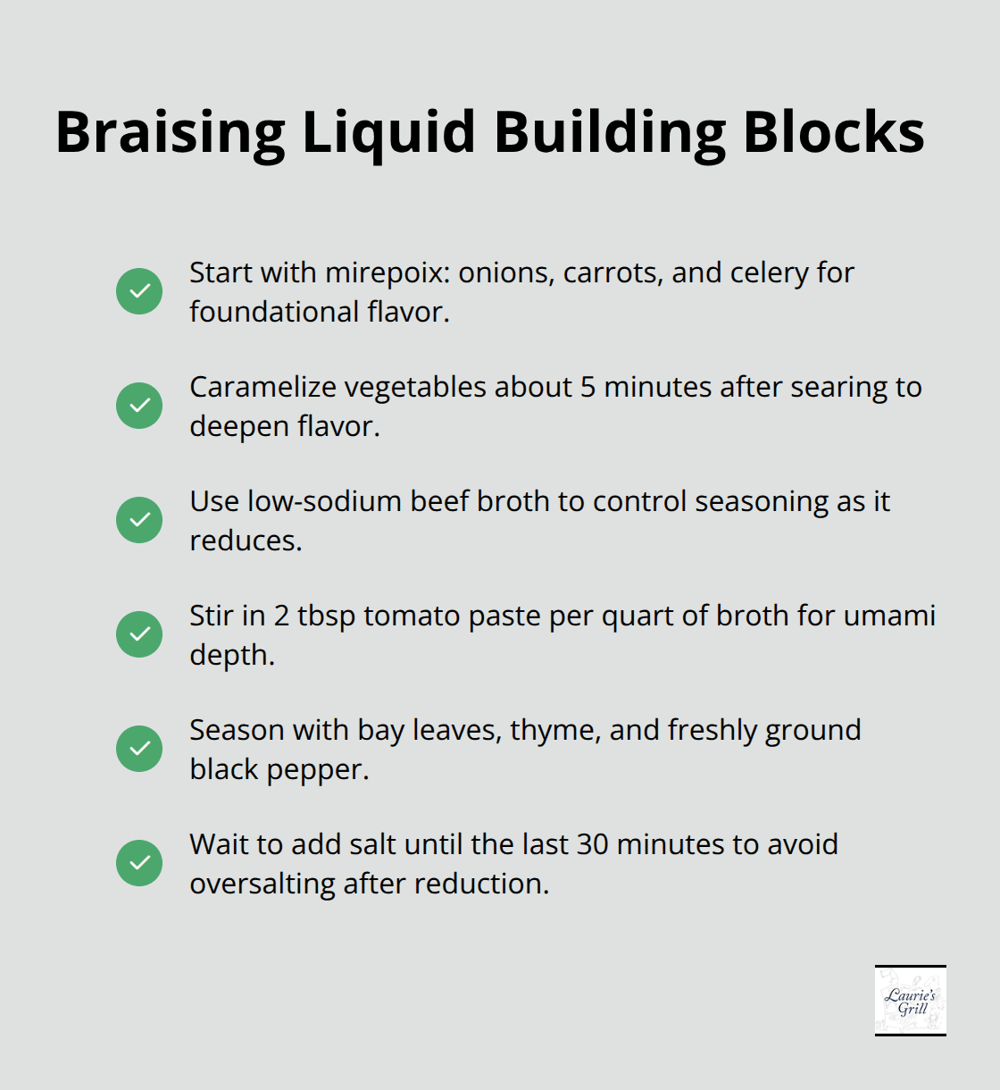 Checklist of key ingredients and tips for a flavorful braising liquid.