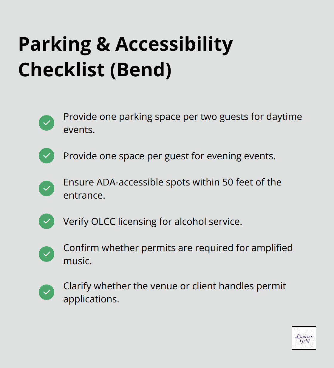 Checklist of parking, accessibility, licensing, and permit requirements for Bend, Oregon private events. - private event venue Bend