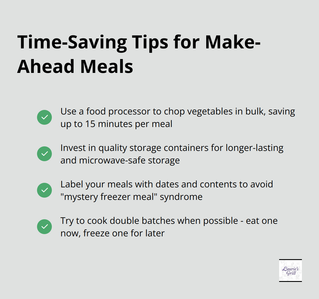 Checkmark list of four time-saving tips for make-ahead meals: Use a food processor, invest in quality storage containers, label meals, and cook double batches - quick family dinner meals