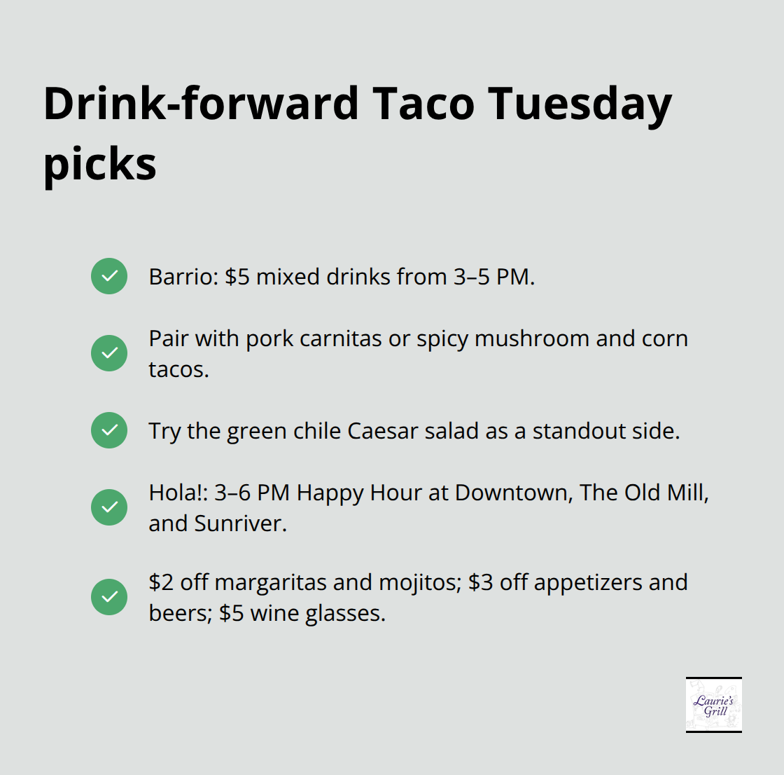 Quick view of Barrio and Hola! Happy Hour highlights for Taco Tuesday in Bend