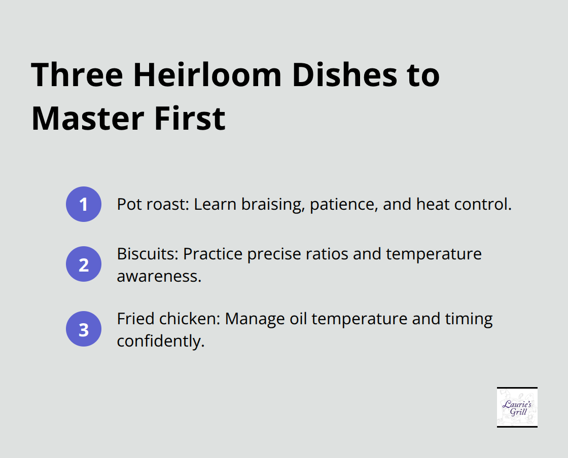 Compact list of three foundational American home-cooking dishes and the core skills they teach - Traditional family recipes Bend