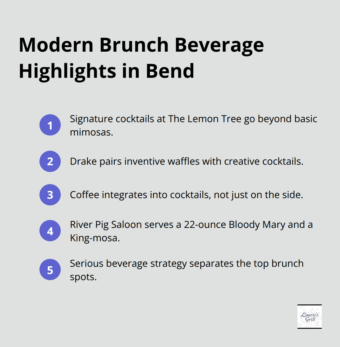 Compact list of standout beverage program features at Bend’s modern brunch spots. - weekend brunch